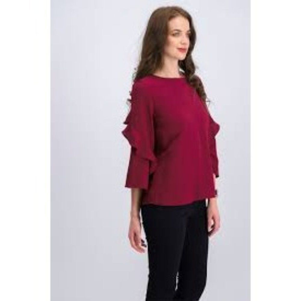Alfani Womens Burgundy Ruffle Mid Sleeve Round Neck Back Zip Blouse Top Size PM